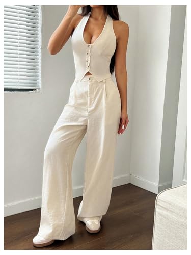 41RyNgDIrJL.jpg Women's 2 Piece Outfits Halter Button Down Vest Crop Tops and High Waisted Pants Set