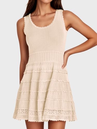 Womens Summer Mini Dresses Casual Crewneck Knitted Crochet Hem Flowy Tank Sundress