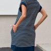 Womens Striped Mini Dress Casual Zipper Cap Sleeve Collared V Neck Loose Knit Summer Dresses
