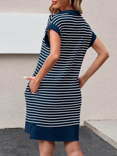 Womens Striped Mini Dress Casual Zipper Cap Sleeve Collared V Neck Loose Knit Summer Dresses