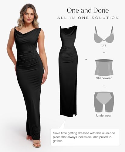 Formal Dresses for Women - Shapewear Cowl Neck Maxi Ruched Bodycon Gowns with Slit - Prom Dress Wedding Guest