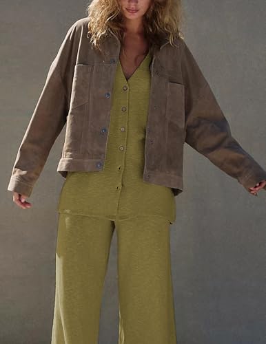 Women's 2025 Sweater Set Sleeveless Button Down Vest Wide Leg Pants 2 Piece Outfits Summer Casual Matching Loungewear