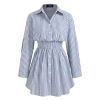 Shirt Dress for Women Casual Collar Neck Striped Button Mini Long Sleeve High Waist Cotton-Blend Dress