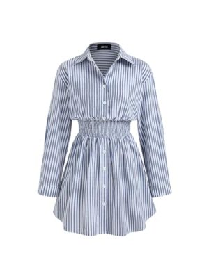 41SSj-glRRL.jpg Shirt Dress for Women Casual Collar Neck Striped Button Mini Long Sleeve High Waist Cotton-Blend Dress