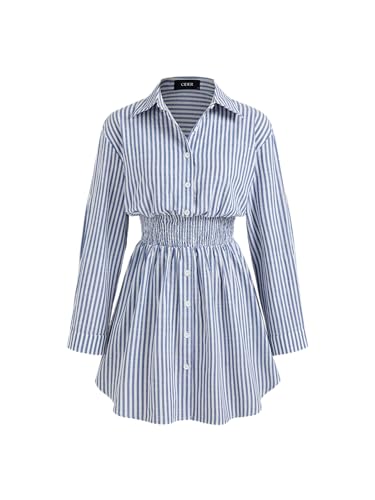 Shirt Dress for Women Casual Collar Neck Striped Button Mini Long Sleeve High Waist Cotton-Blend Dress