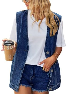 Women's Casual Denim Jean Vest Oversized Sleeveless Mid Long Button Down Jeans Jackets Vests Tops Waistcoat ?