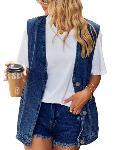 Women's Casual Denim Jean Vest Oversized Sleeveless Mid Long Button Down Jeans Jackets Vests Tops Waistcoat ?