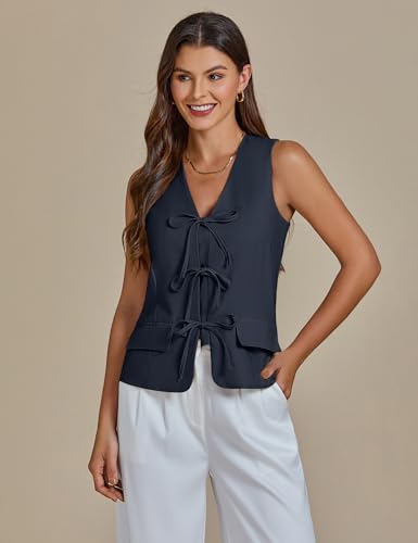 41Sv-Pl6JdL.jpg Linen Vest for Women Trendy Sleeveless Tie Front Tops Summer Casual Top Waistcoat Suit Vests with Pockets