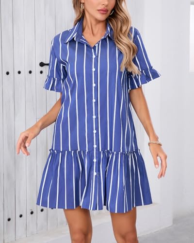Women's Cotton Linen Ruffle Mini Dress Short Sleeve Button Down Drop Waist Tunic Shirt Dress