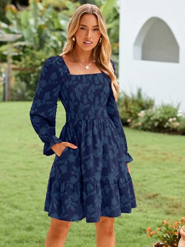 Women's Square Neck Fall Long Sleeve Mini Dress Smocked Swing Ruffle Wedding Guest Dress
