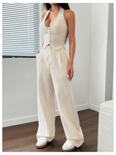 41TWmxyZrGL.jpg Women's 2 Piece Outfits Halter Button Down Vest Crop Tops and High Waisted Pants Set