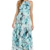 Long Printed Chiffon Halter Dress W/Hankie Hemline