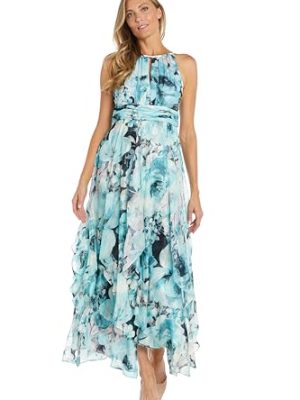 41TumzSmzL.jpg Long Printed Chiffon Halter Dress W/Hankie Hemline