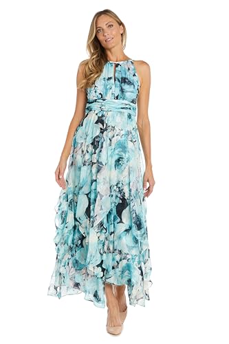 Long Printed Chiffon Halter Dress W/Hankie Hemline