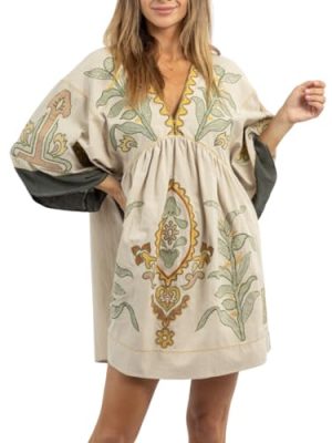 41TyDhdBUUL.jpg Womens Oversized Embroidered Dress with V-Neck and 3/4 Sleeves Vintage Embroidery Babydoll Dress