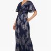 Women's V Neck Flutter Sleeve Metallic Print Flowy Dress