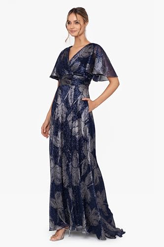 Women's V Neck Flutter Sleeve Metallic Print Flowy Dress