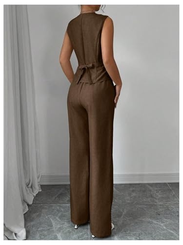 Women's 2 Piece Outfits V Neck Button Down Vest Tops and High Waisted Pants Set Office Work Suit