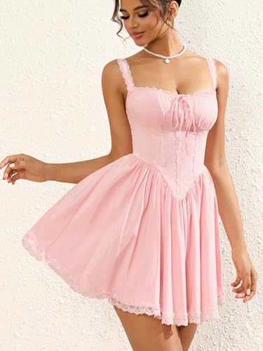 41ViUDUjLhL.jpg Womens Summer Mini Dress Square Neck Tie Front Lace Spliced Ruched Backless Casual Party Graduation Short Bodycon Dresses