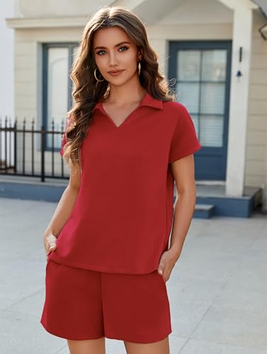 2 Piece Sets for Women Summer Lounge Sets Short Sleeve Sweatsuit V-neck Tops and Drawstring Shorts Outfits Tracksuit