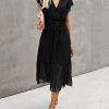 41WDPUOO4ML.jpg Women Summer Bohemian Floral Casual Wrap V Neck Ruffle Cap Sleeveless Belt A-Line Pleated Hem Midi Sun Dress White
