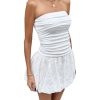 Women's Tube Bubble Dress Y2k Strapless Sleeveless Ruched Eyelet Embroidery A Line Mini Dresses