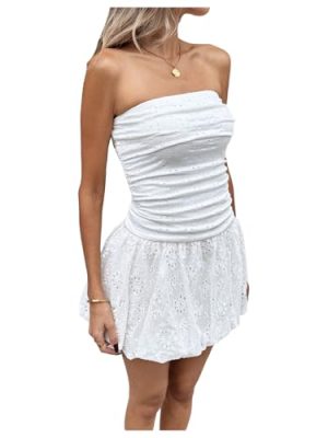 41WNmB6nvAL.jpg Women's Tube Bubble Dress Y2k Strapless Sleeveless Ruched Eyelet Embroidery A Line Mini Dresses