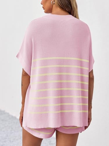 Women's Striped 2 Piece Outfits Oversized Batwing Short Sleeve Tops High Waisted Shorts Summer Knit Lounge Short Sets
