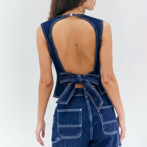 Women Sexy Backless Denim Vest Summer Sleeveless Jean Tank Top Crewneck Tie Up Back Slim Waistcoat Crop Top