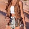 Women Boho Western Tassel Vest Open Front Faux Suede Fringe Cardigan Sleeveless Jacket Vintage Hippie Outwear