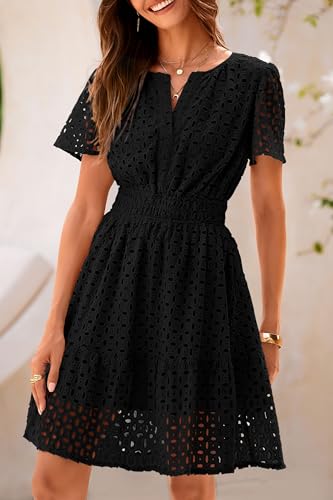 41YdUpBtWTL.jpg 2025 Women Summer Short Dress V Neck Short Sleeve A Line Hollow Out Lace Ruffle Cute Casual Beach Party Dresses