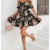 Women's Boho Floral Print Cold Shoulder Dress Short Sleeve Ruffle A Line Vacation Elegant Mini Dresses