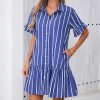 Women's Cotton Linen Ruffle Mini Dress Short Sleeve Button Down Drop Waist Tunic Shirt Dress