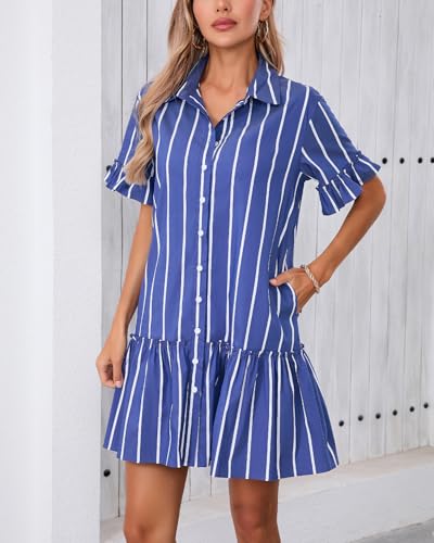 Women's Cotton Linen Ruffle Mini Dress Short Sleeve Button Down Drop Waist Tunic Shirt Dress