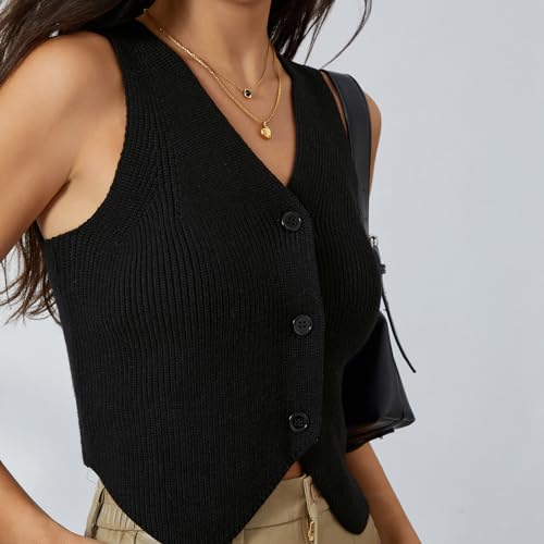 Women Knit Vest Top Y2k V Neck Sleeveless Button Up Crochet Going Out Tops Fashion Streetwear