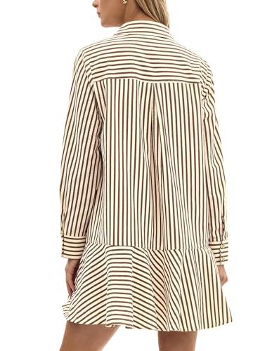 41ZcRwZ9o1L.jpg Womens Striped Shirt Mini Dress Long Sleeve Collared Ruffle Hem Button Up Tunic Flowy Swing Dresses
