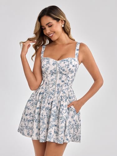 Floral Corset Mini Dress Summer Flowy A Line Smocked Short Dresses for Women 2025 Sundress with Pockets