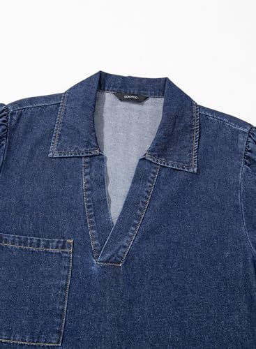 41a5uTZXk1L.jpg Denim Dress for Women Fashion Fall Casual Babydoll 2025 V Neck 3/4 Puff Sleeve Jean Dresses