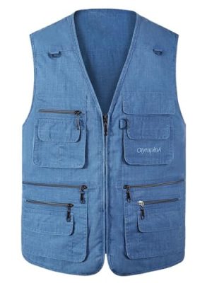 Men's Summer Casual Fishing Photography Vest Multiple Pockets Outdoor Waistcoat Jacket (Large, Denim Blue)