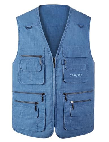 Men's Summer Casual Fishing Photography Vest Multiple Pockets Outdoor Waistcoat Jacket (Large, Denim Blue)