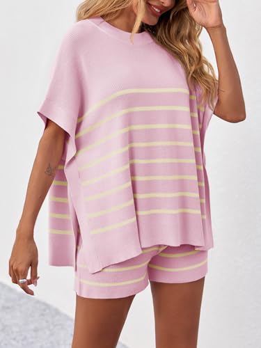 Women's Striped 2 Piece Outfits Oversized Batwing Short Sleeve Tops High Waisted Shorts Summer Knit Lounge Short Sets