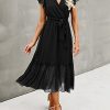 41anG1wX7ML.jpg Women Summer Bohemian Floral Casual Wrap V Neck Ruffle Cap Sleeveless Belt A-Line Pleated Hem Midi Sun Dress White