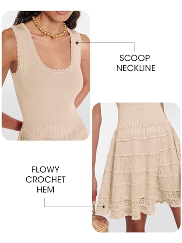 Womens Summer Mini Dresses Casual Crewneck Knitted Crochet Hem Flowy Tank Sundress