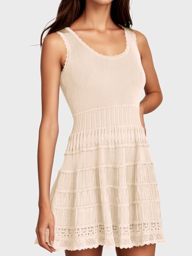 Womens Summer Mini Dresses Casual Crewneck Knitted Crochet Hem Flowy Tank Sundress