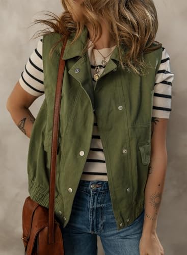 Womens Vests 2025 Fall Outerwear Button-Down Lapel Collar Elastic Hem Sleeveless Jacket Cargo Vest