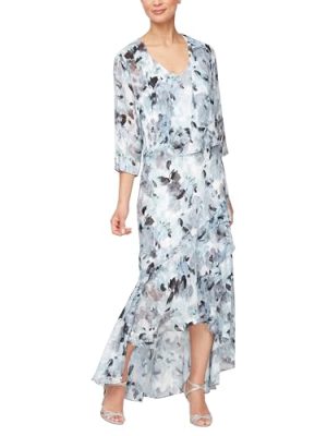 41cGdbtk-L.jpg womens Sleeveless Printed Chiffon Midi Spring/Summer Mother of the Bride Dress With Jacket & High-low Hemline