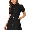 Women's Denim Dress Button Down Pockets Puff Sleeve Collared Jean Dresses