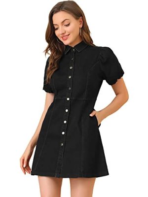 41d8uJOdswL.jpg Women's Denim Dress Button Down Pockets Puff Sleeve Collared Jean Dresses