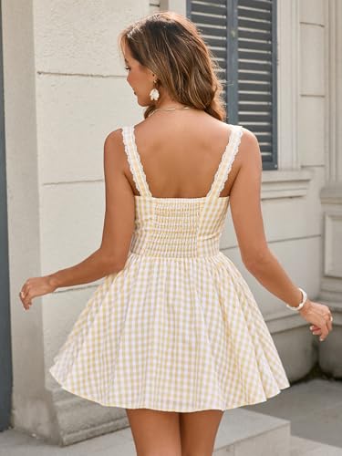 Women's Summer Cute Corset Mini Dress Lace Spaghetti Strap Sweetheart Flowy A-line Gingham Short Dresses