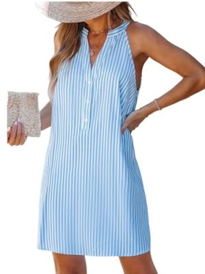 41dwqL9OSRL.jpg Womens Summer Dresses V Neck Sleeveless Striped Button Up Mini Casual Coverup Dress